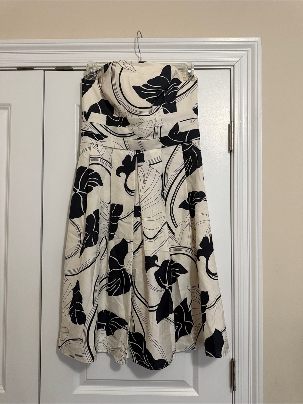 Ann Taylor Strapless Cream Dress with Black Floral Print